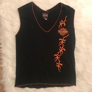 Harley Davidson Sleeveless Top Black Orange Flames